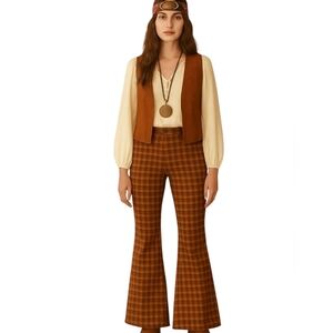 Vtg Punk Rock Mall Goth Plaid Orange/Brown Flare Pants Sz L W30 L31.5